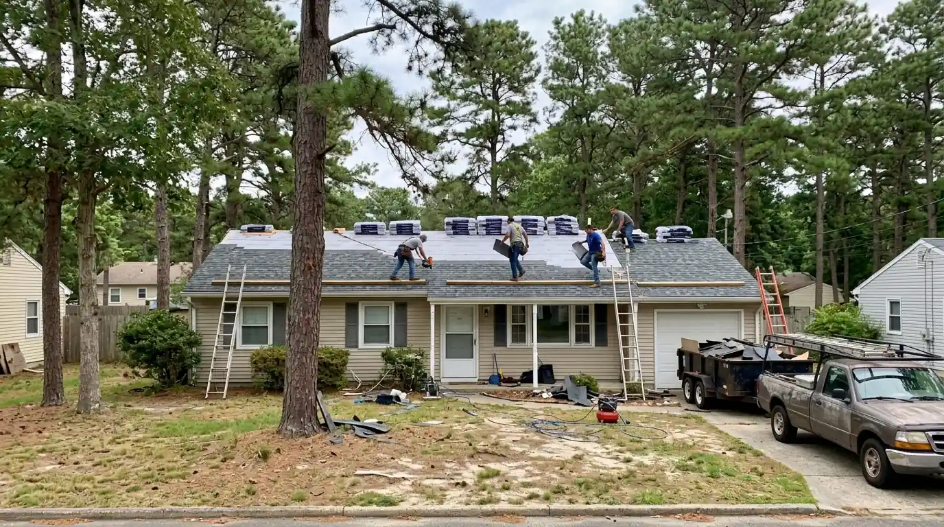 Roofers installing new shingles on a ranch home in South Toms River