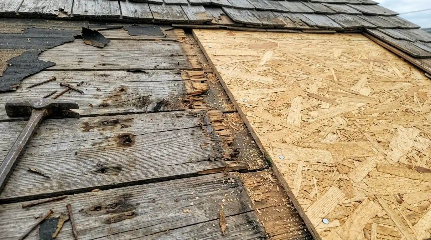 Old plank roof boards next to new OSB sheathing