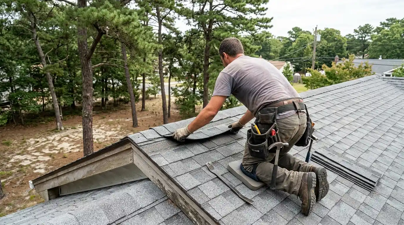 Roofer replacing damaged shingles on a ranch house roof in Toms River