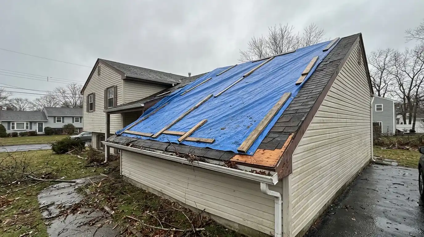 Tarp secured over storm damage on a Toms River roof