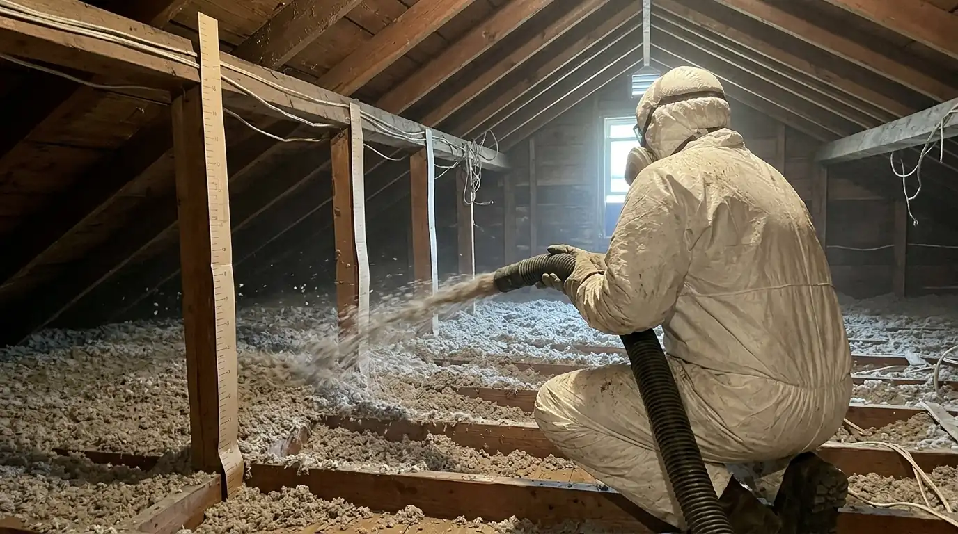 Installer blowing cellulose insulation across an attic floor