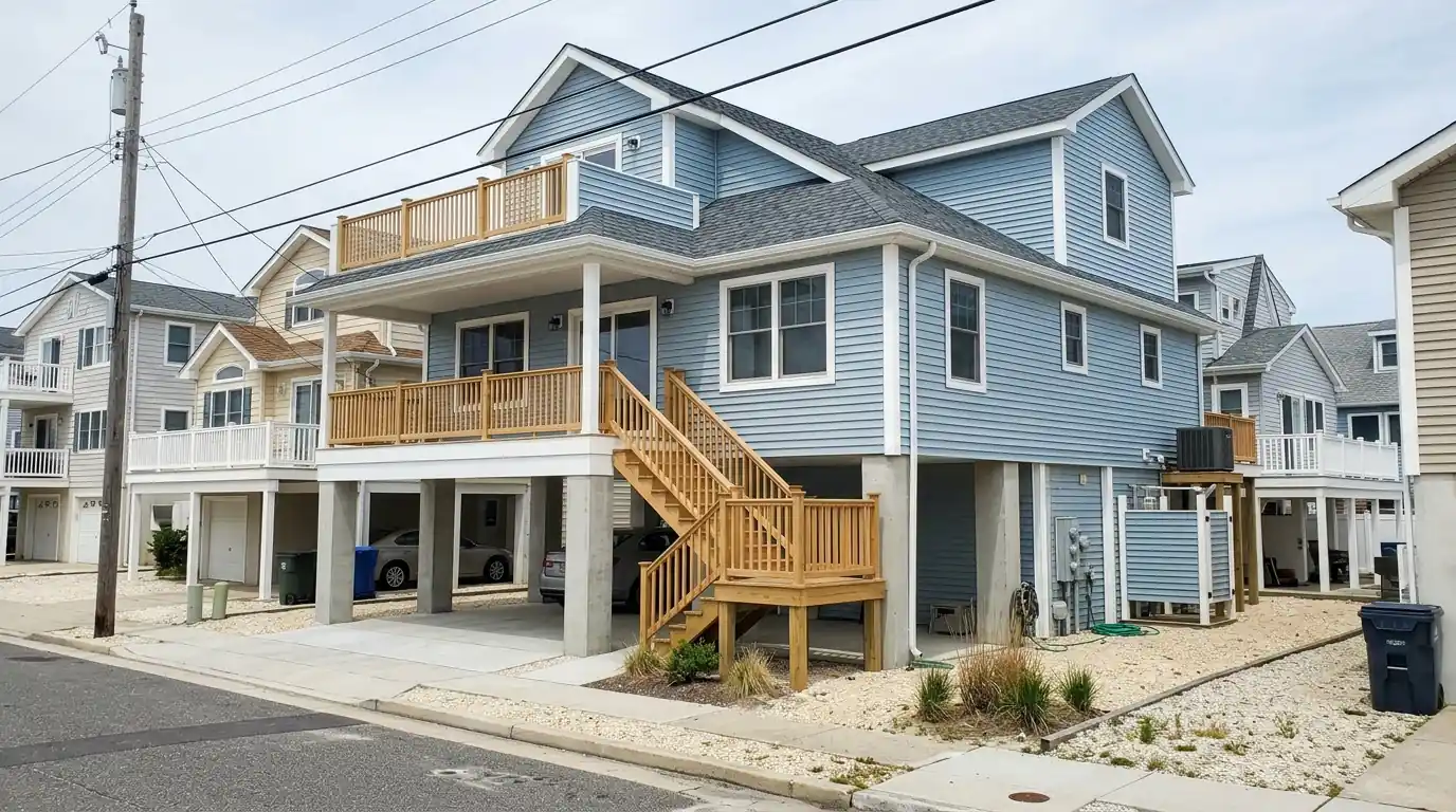 Raised shore house on concrete piers with new roof and siding