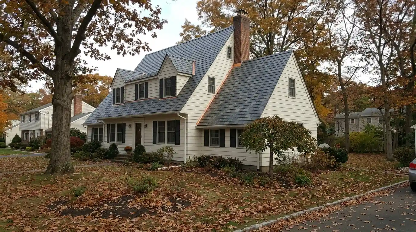 Blended gray synthetic slate roof on a steep colonial home