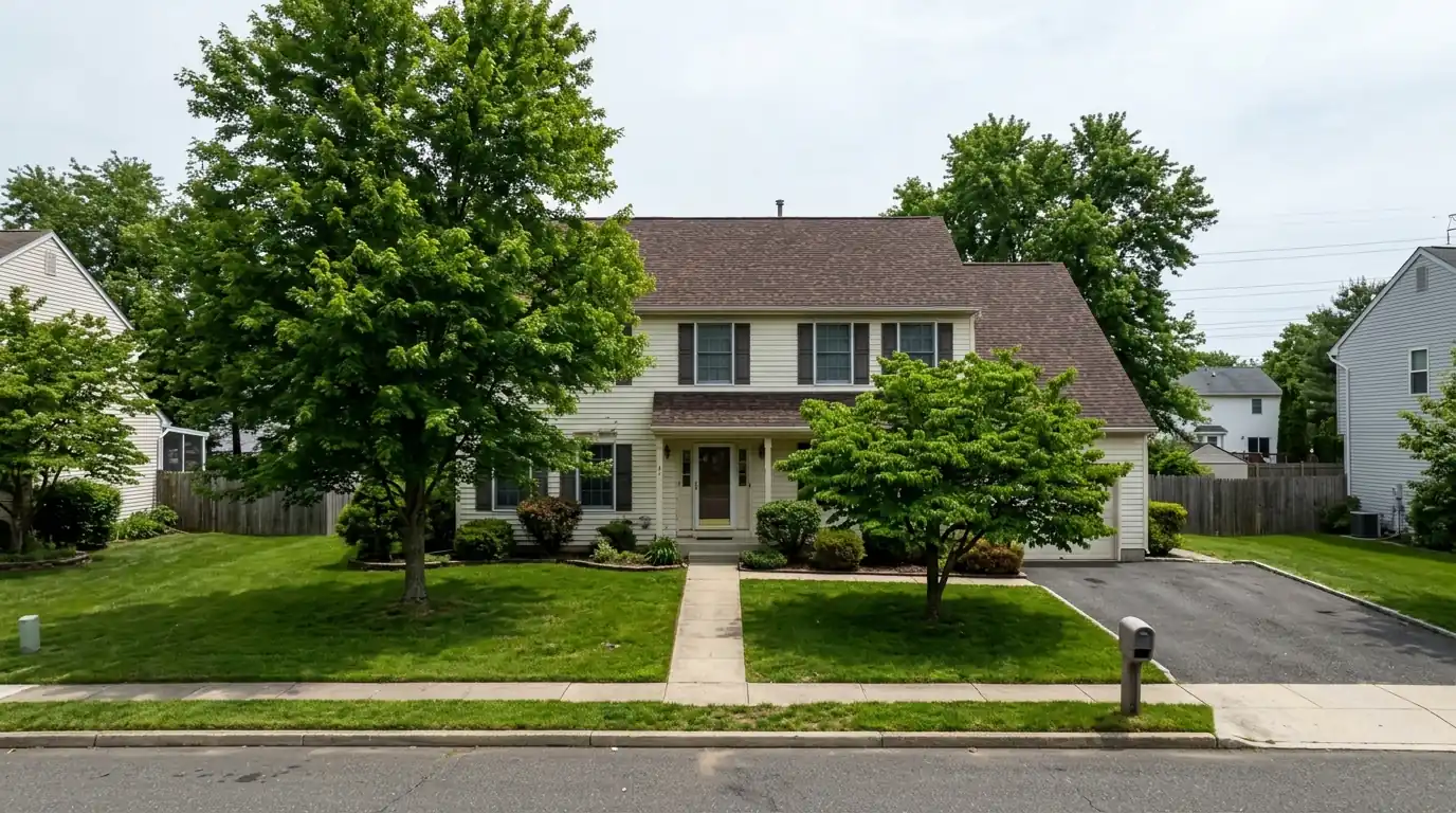 Colonial home with a new brown shingle roof in a Freehold neighborhood