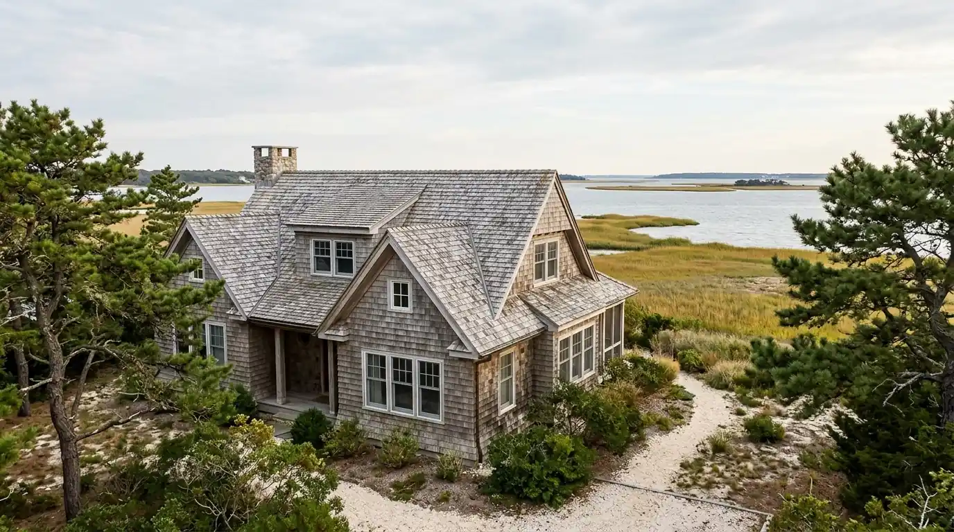 Weathered cedar shake roof on a bay-side Toms River cottage