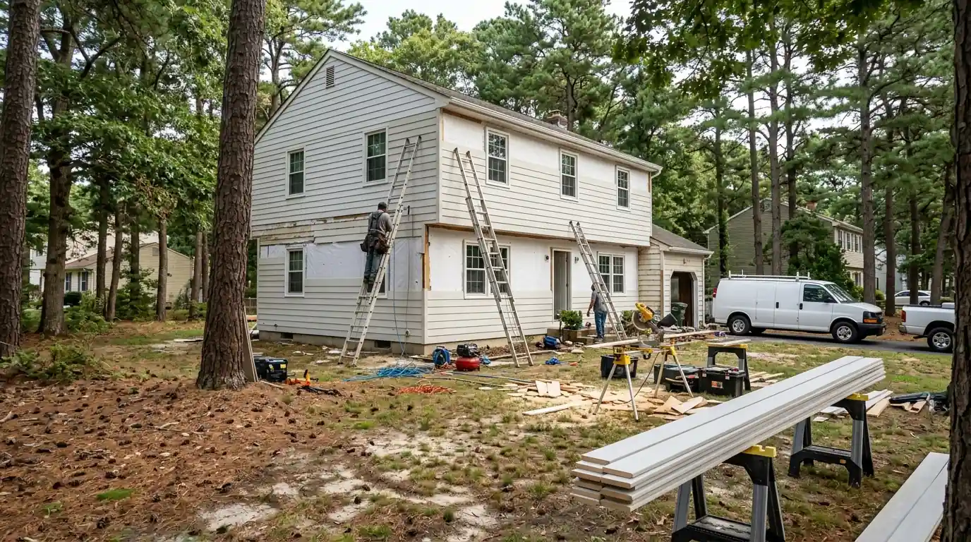 Primed engineered wood lap siding going up on a Toms River colonial