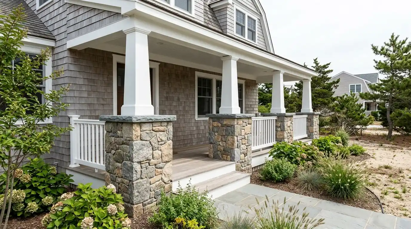 Fieldstone veneer porch piers on an Ocean County cape house