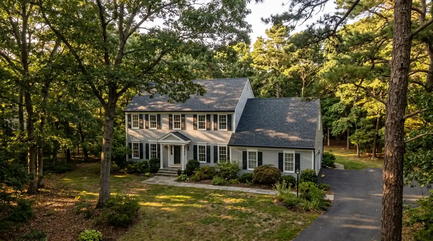 New shingle roof on a colonial home under tall oaks in Wall Township