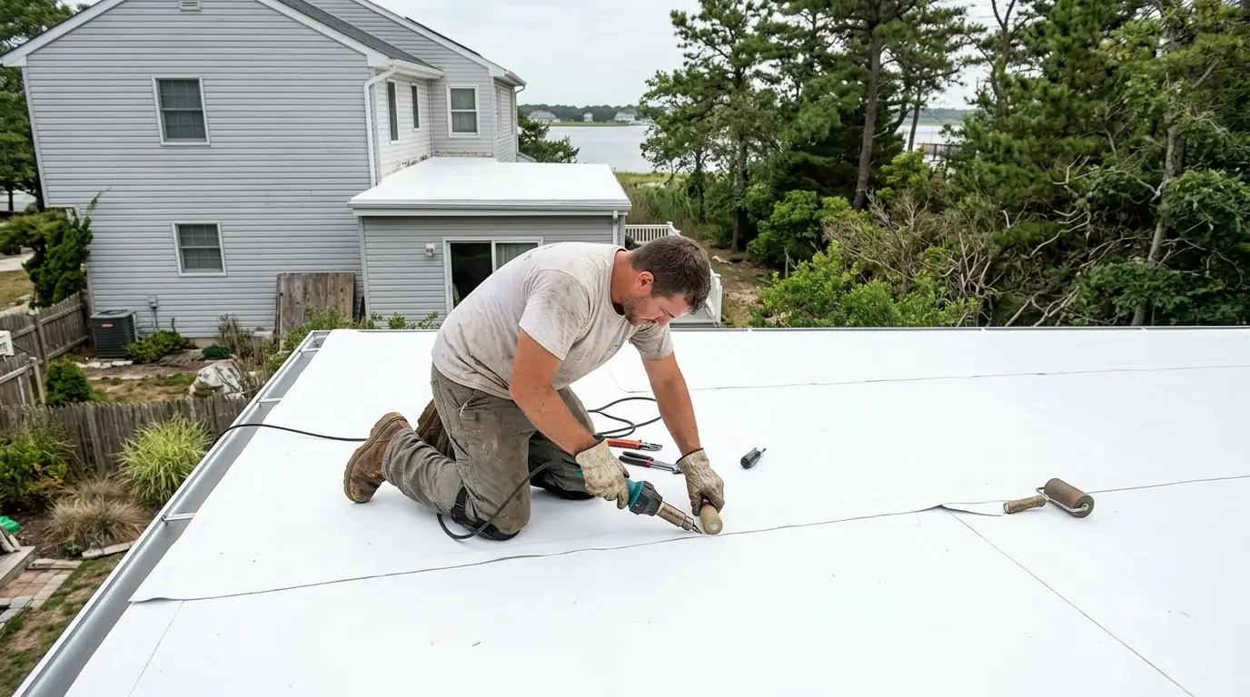 Roofer heat-welding white TPO membrane on a flat roof addition