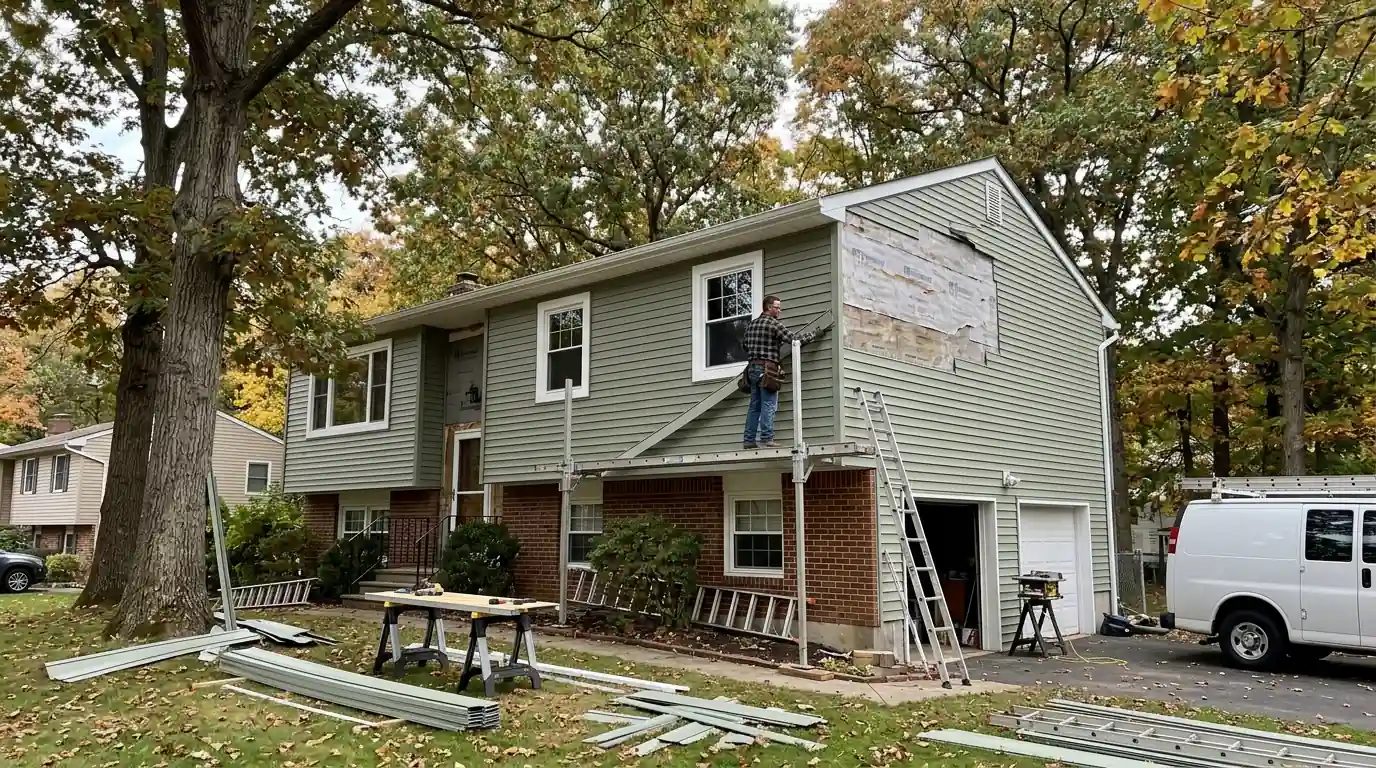 Installer putting new green siding on a Howell split-level home