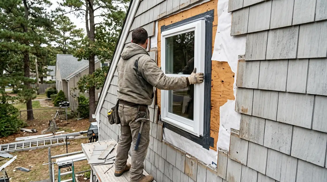 New vinyl double-hung window being set into a flashed opening