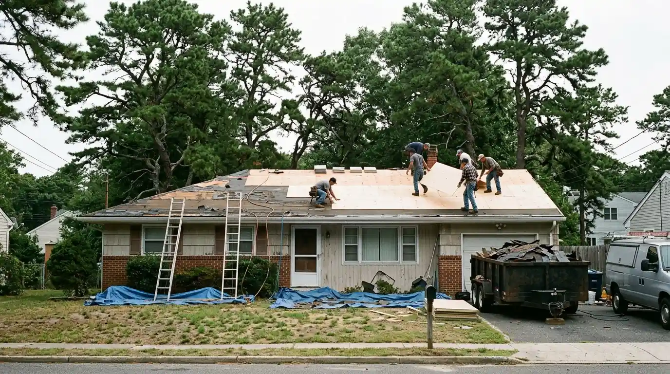 New plywood sheathing installed during a roof tear-off in Toms River