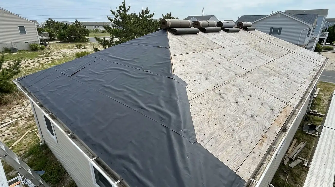 Roof deck being dried in during a tear-off