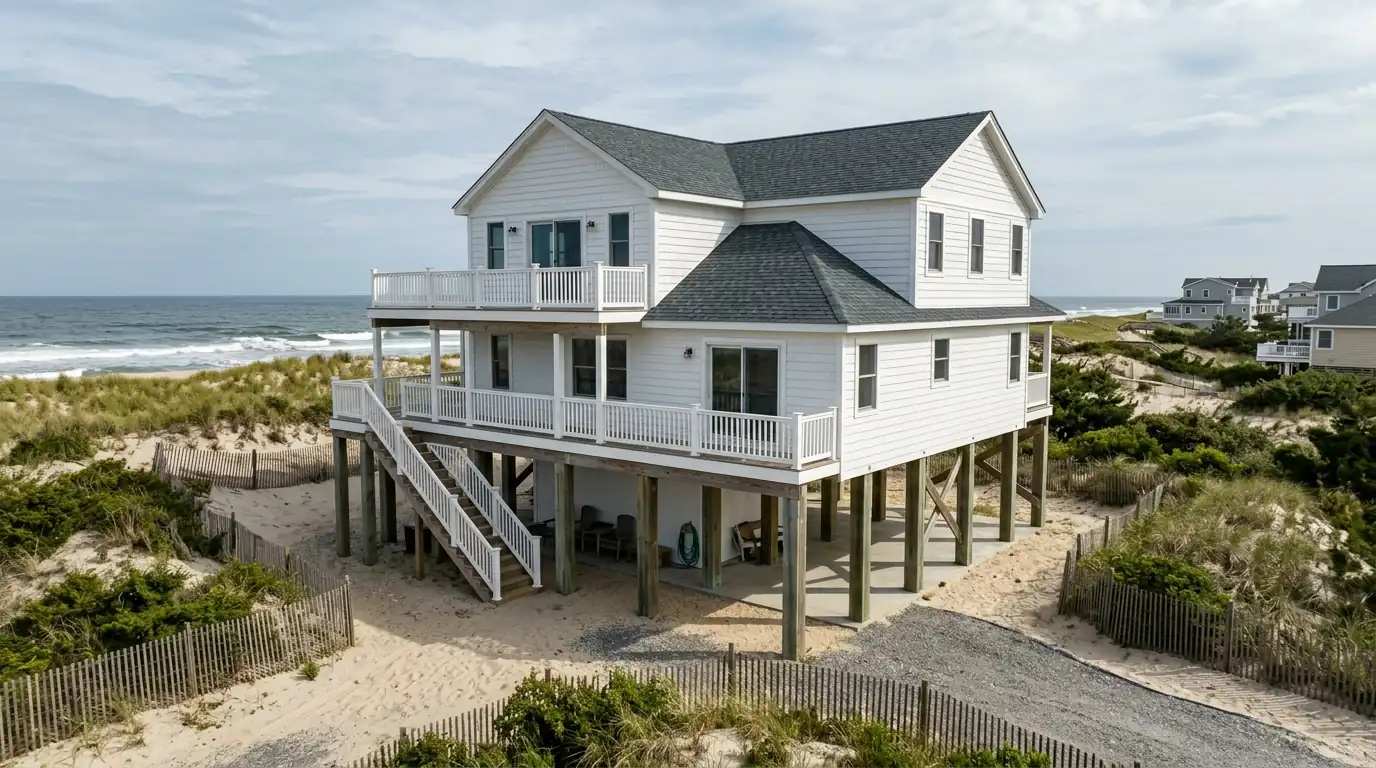Raised beach house with fiber cement siding near the ocean in Point Pleasant Beach