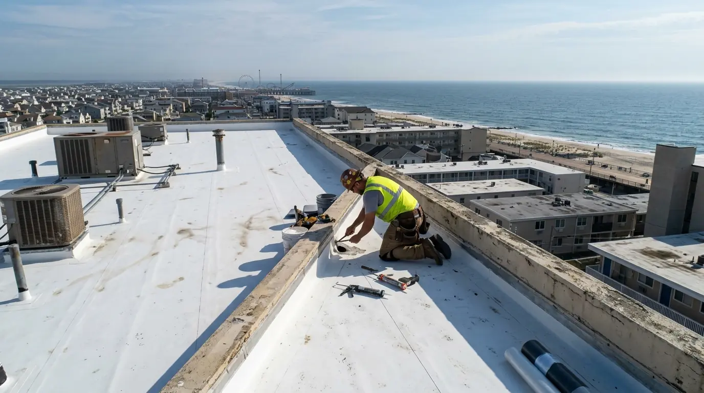 Roofer sealing a flat roof scupper on a Seaside Heights apartment building