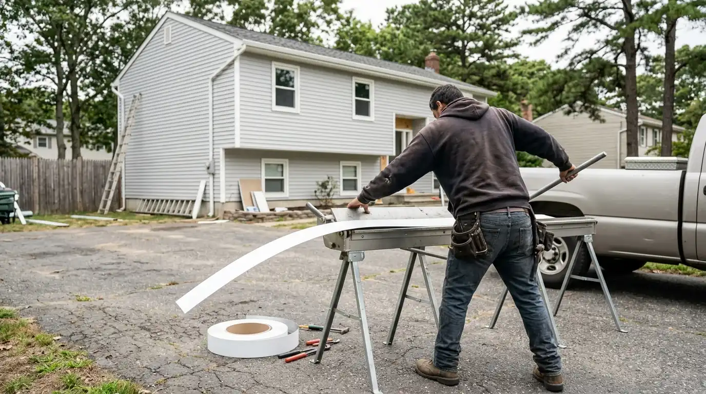 Aluminum trim coil being bent on a brake in a Toms River driveway
