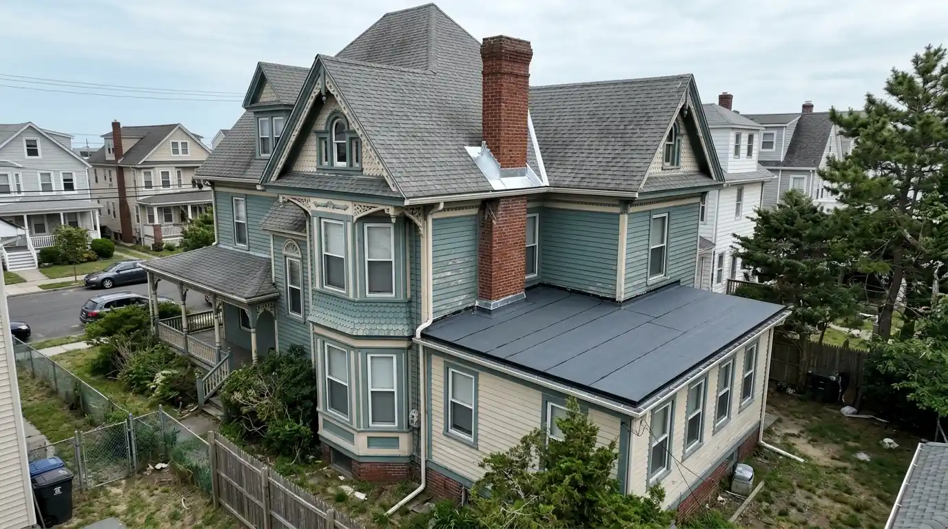 Victorian house with a repaired flat rear roof in Asbury Park, NJ