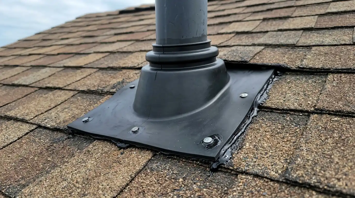 New vent pipe boot installed on a weathered shingle roof