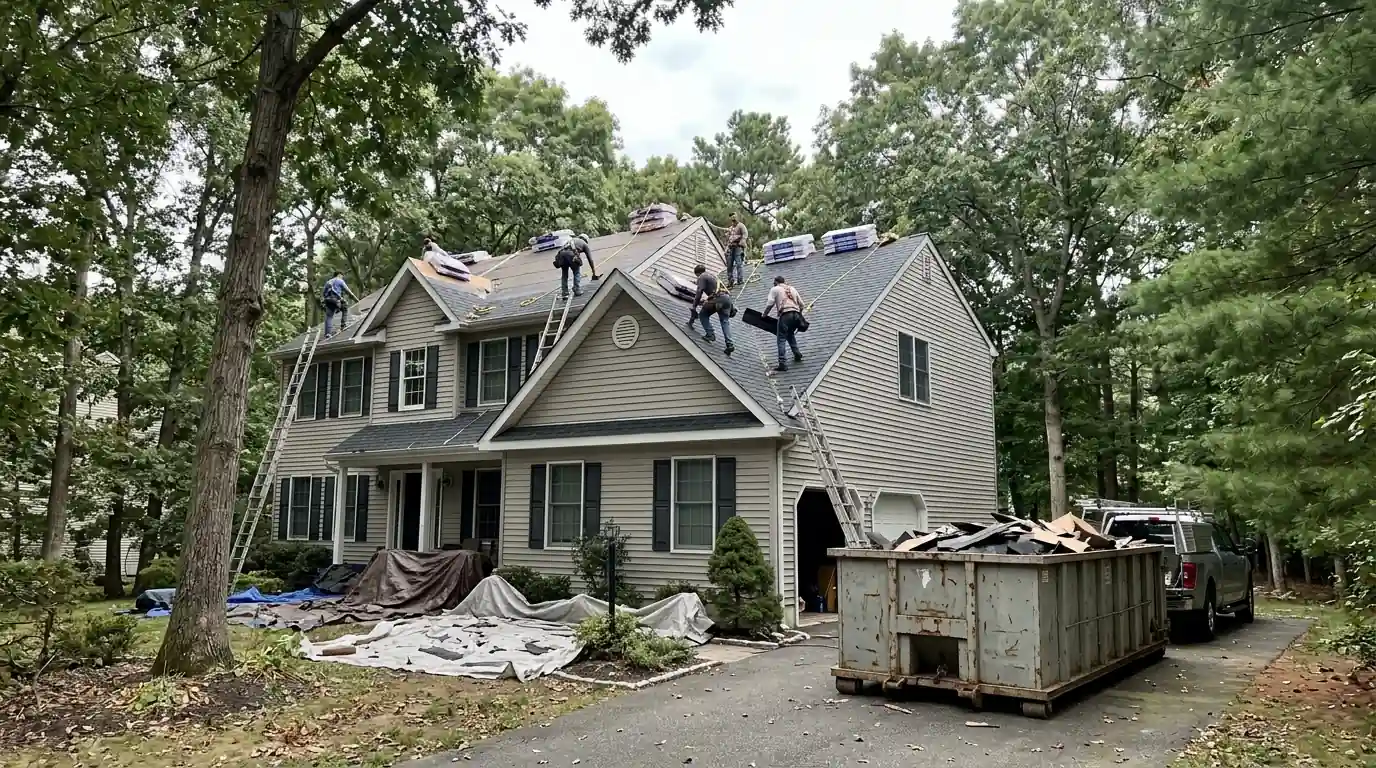 Crew installing new shingles on a wooded Jackson colonial