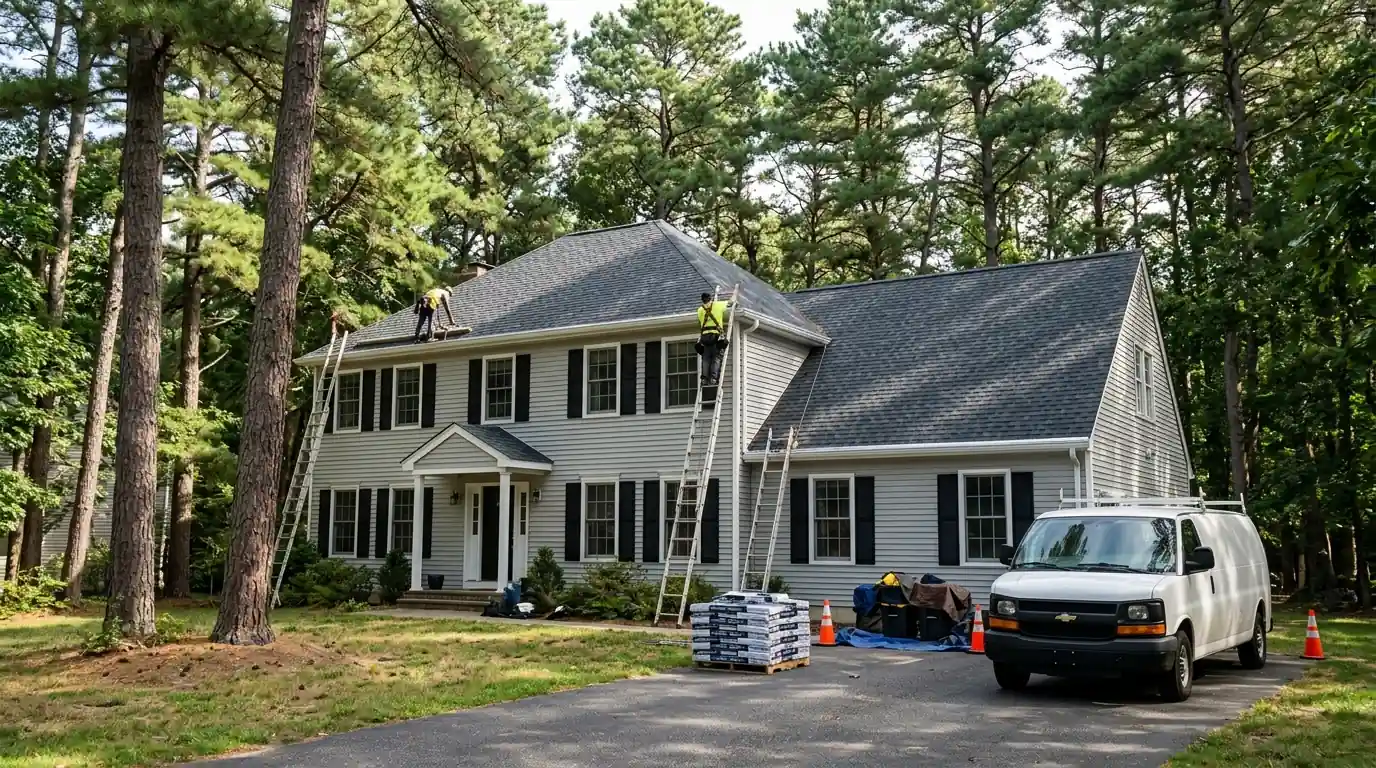 New roof and gutter guards on a wooded West Dover colonial