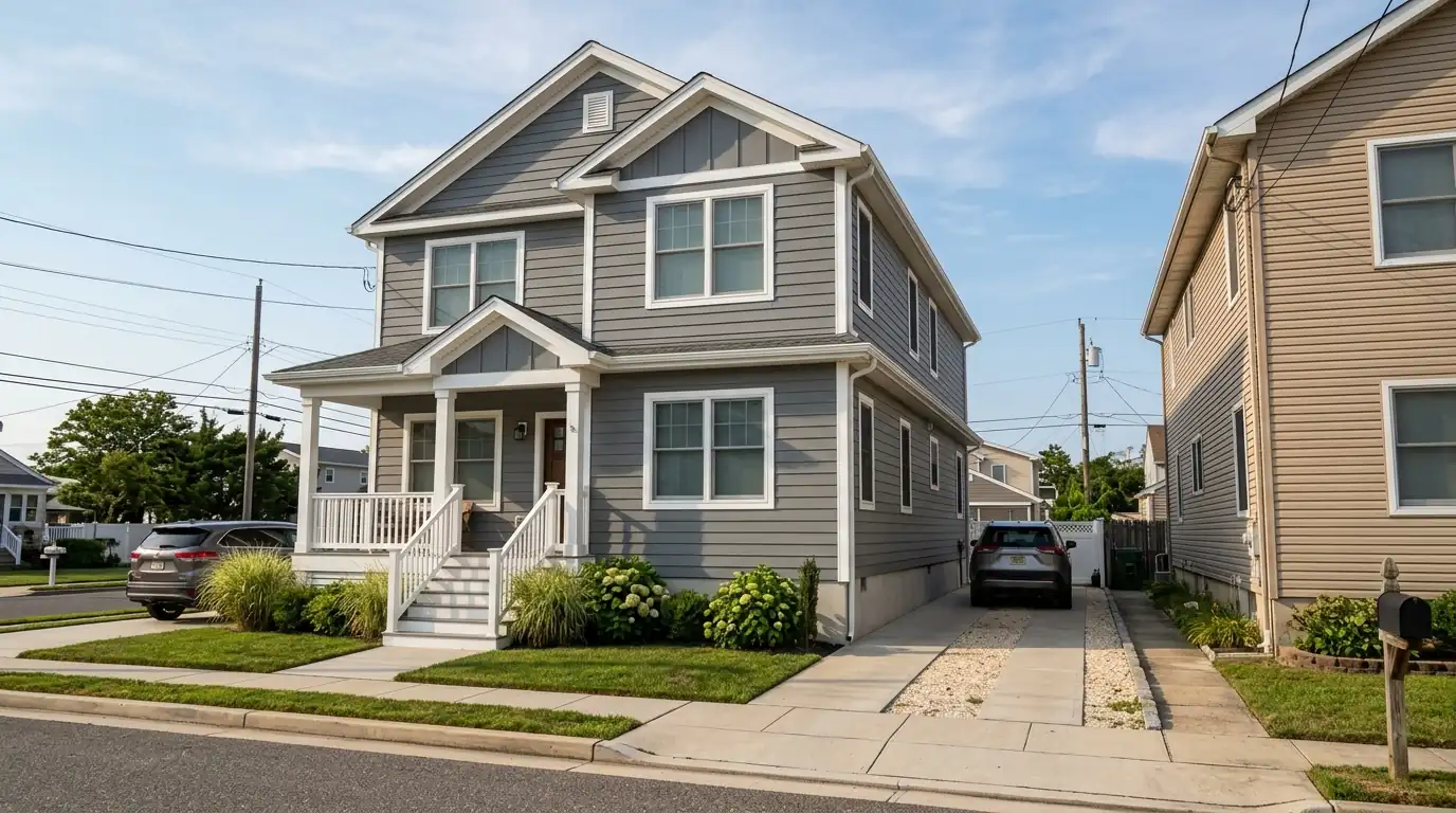 Shore houses with fiber cement and vinyl siding side by side