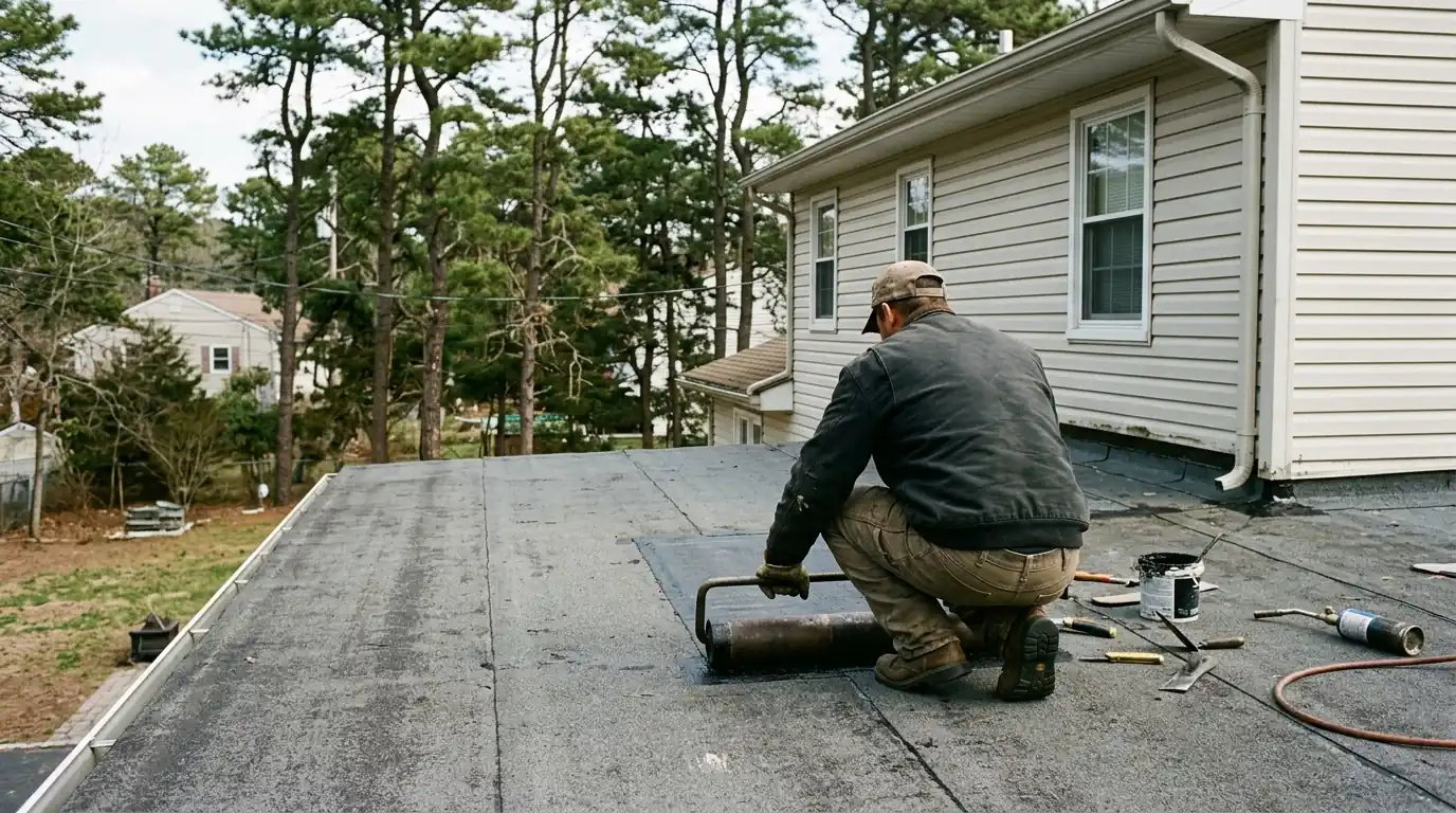 Roofer patching a modified bitumen flat roof over a garage addition