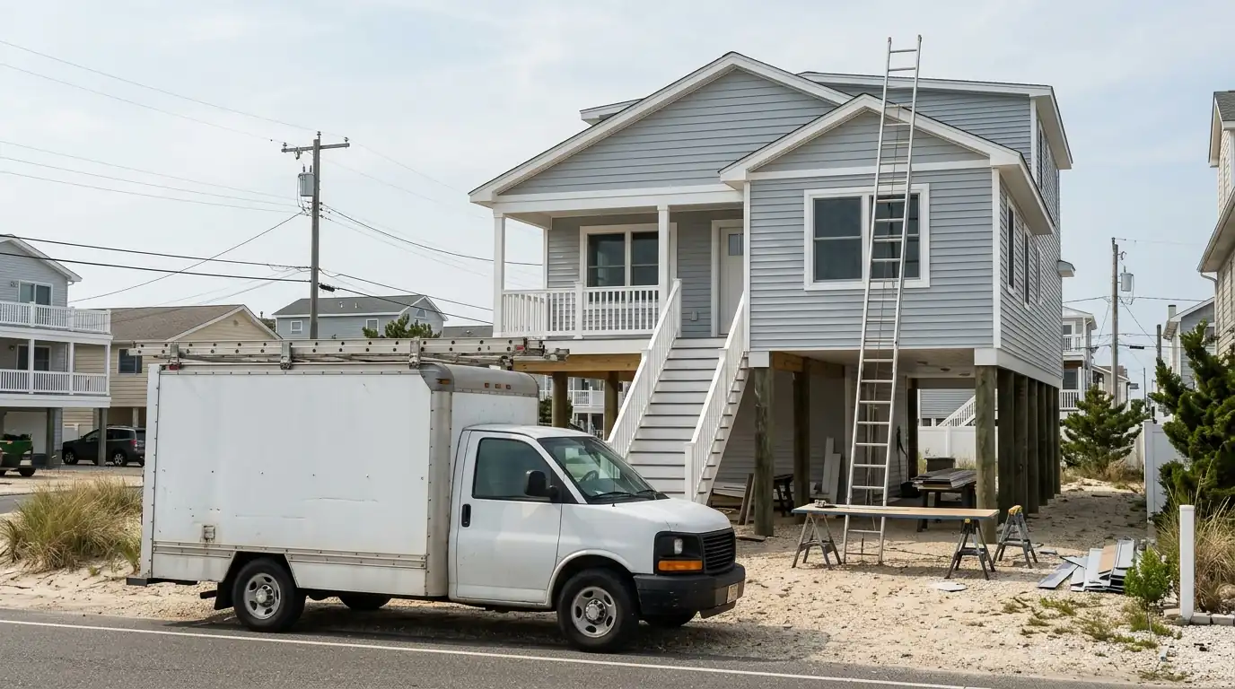 Truck and ladder at a raised shore home with new siding