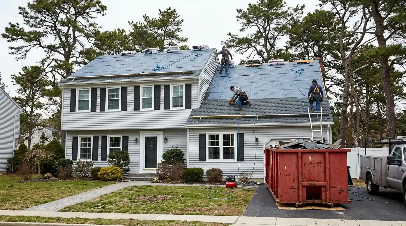 Crew installing new architectural shingles on a Toms River colonial