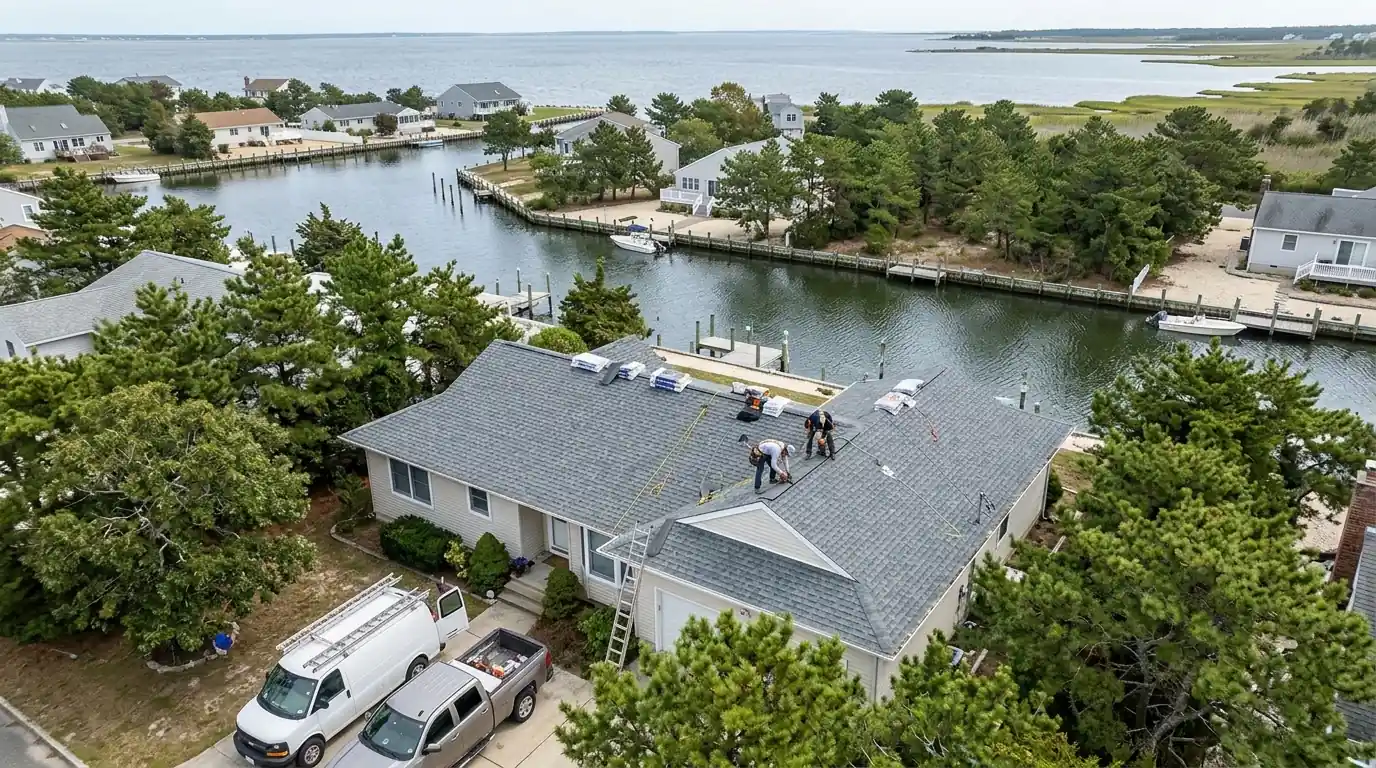 Roofers finishing a new shingle roof on a ranch home near Barnegat Bay