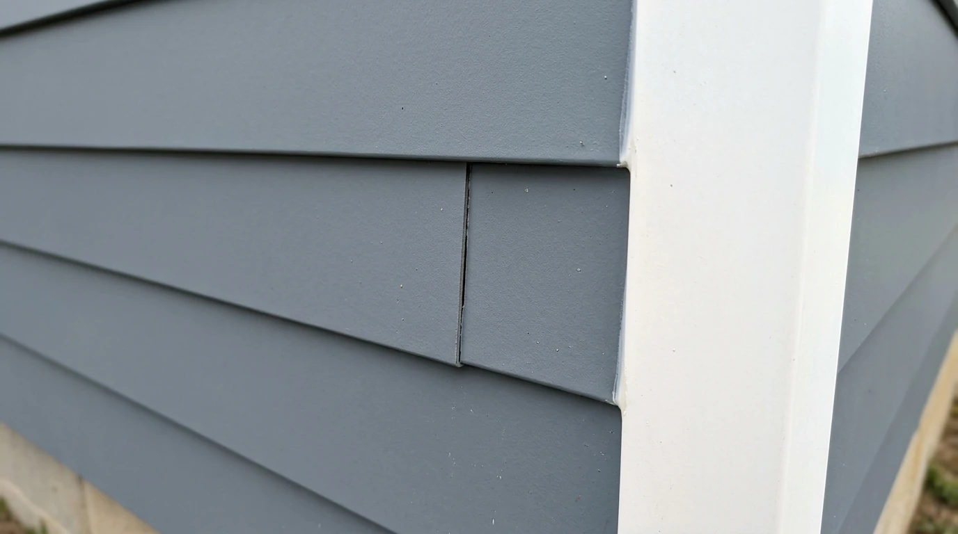 Close view of fiber cement lap siding and white corner trim