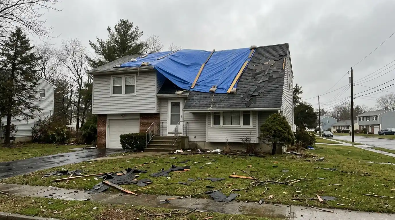 Tarp covering wind-damaged shingles on a split-level home after a storm