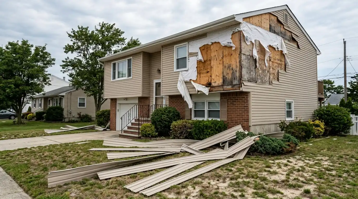 Wall with missing vinyl siding and torn house wrap after wind