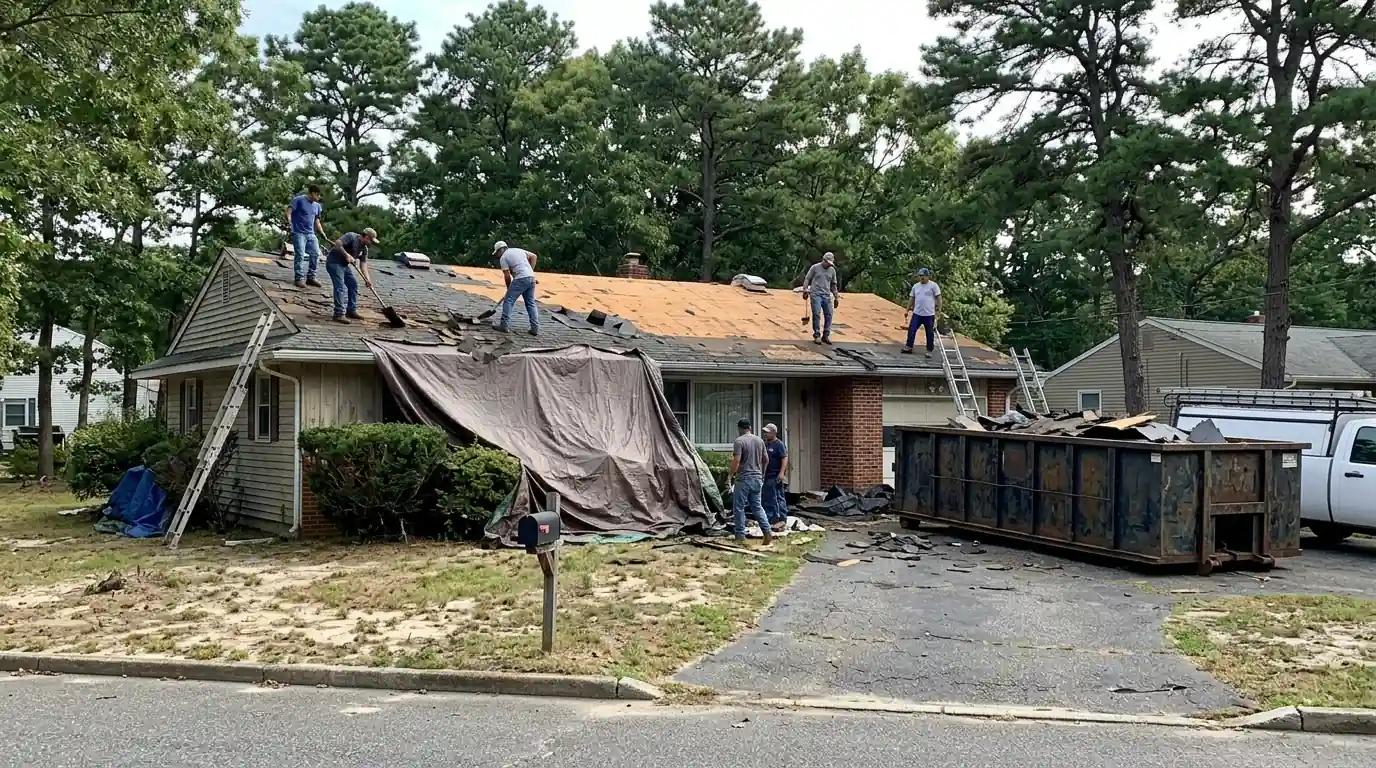 Old shingles being torn off a ranch house roof in Toms River