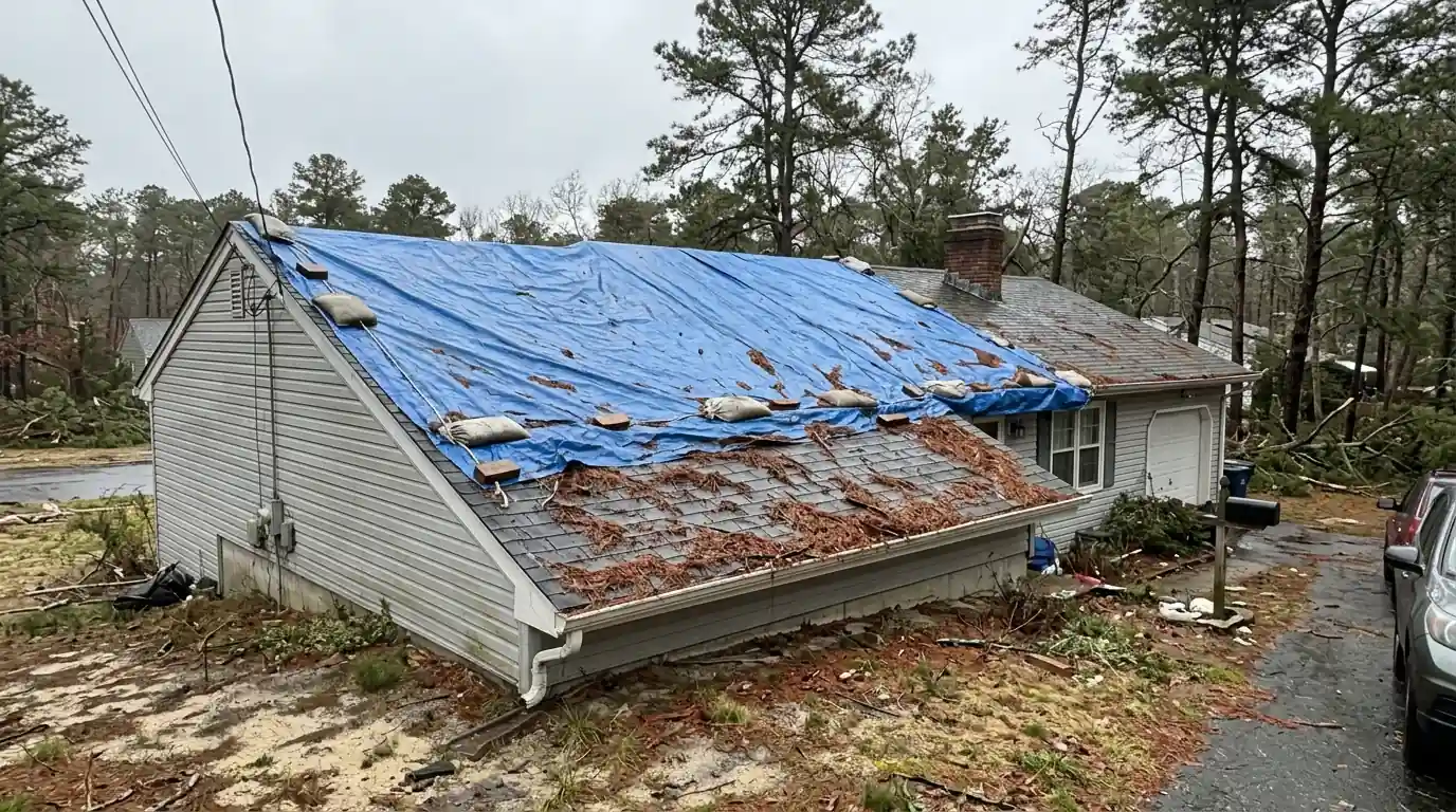 Emergency tarp fastened over the ridge of a ranch roof