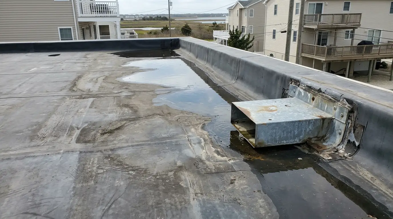 Ponding water near a scupper on a low-slope rubber roof