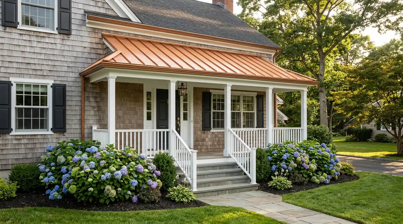 Standing seam metal accent roof over a colonial front porch