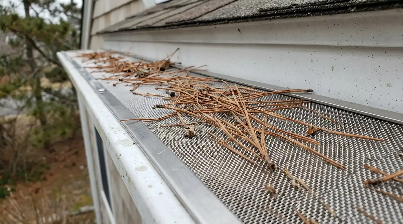 Pine needles resting on top of a micro-mesh gutter guard