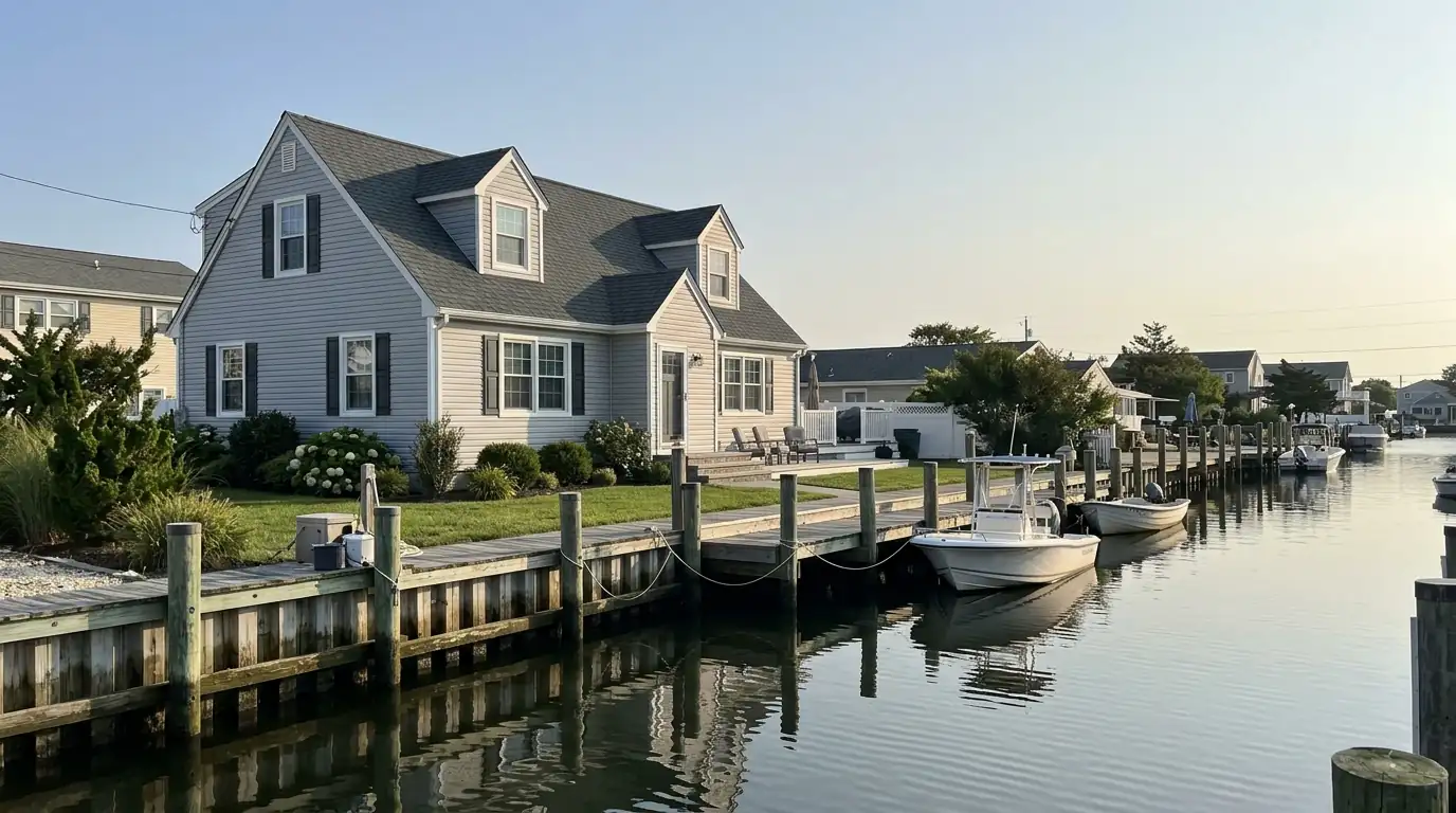 Cape Cod house with new gray vinyl siding beside a Point Pleasant canal