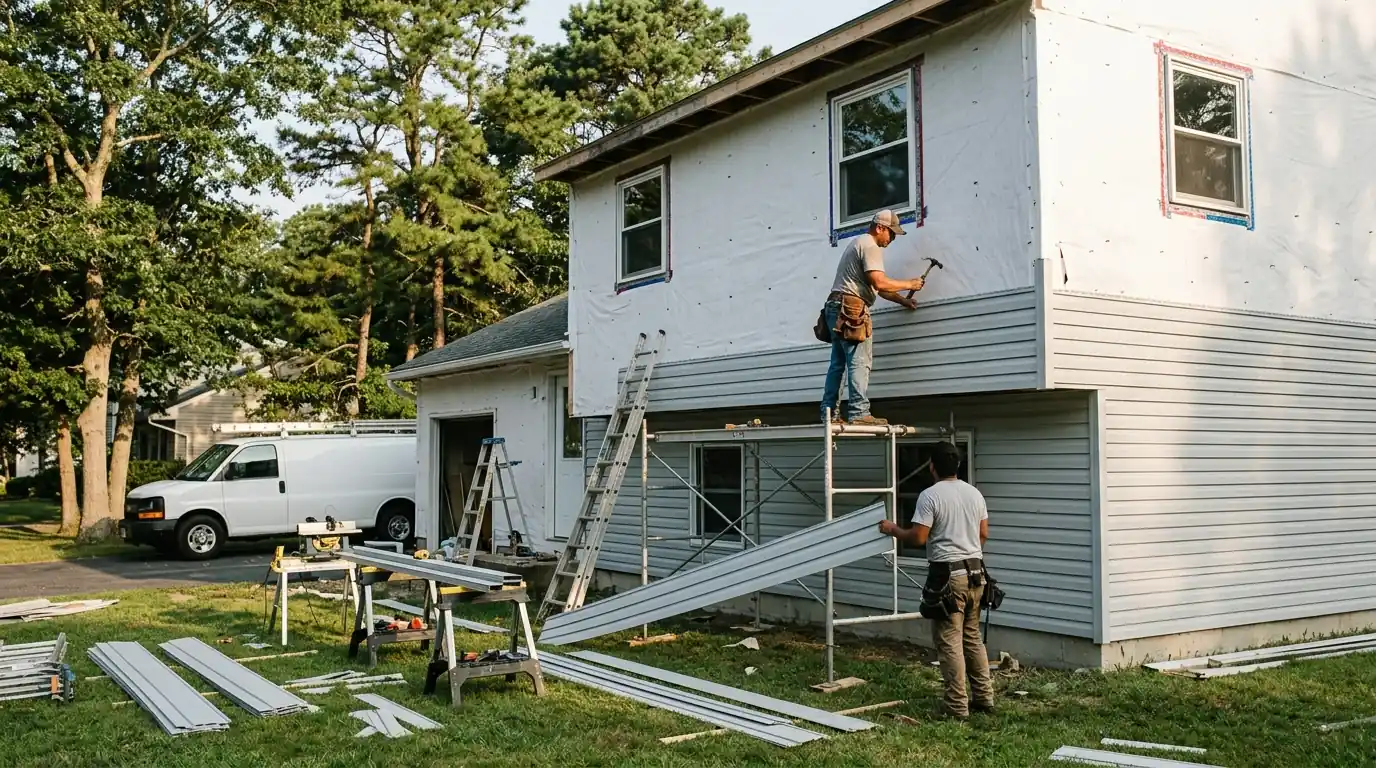 Installers hanging gray vinyl siding over house wrap on a split-level