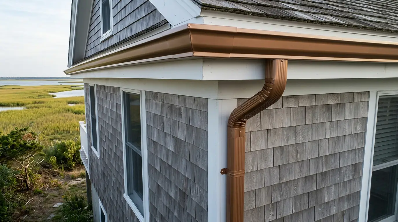 New K-style gutter corner and downspout on a shore cottage