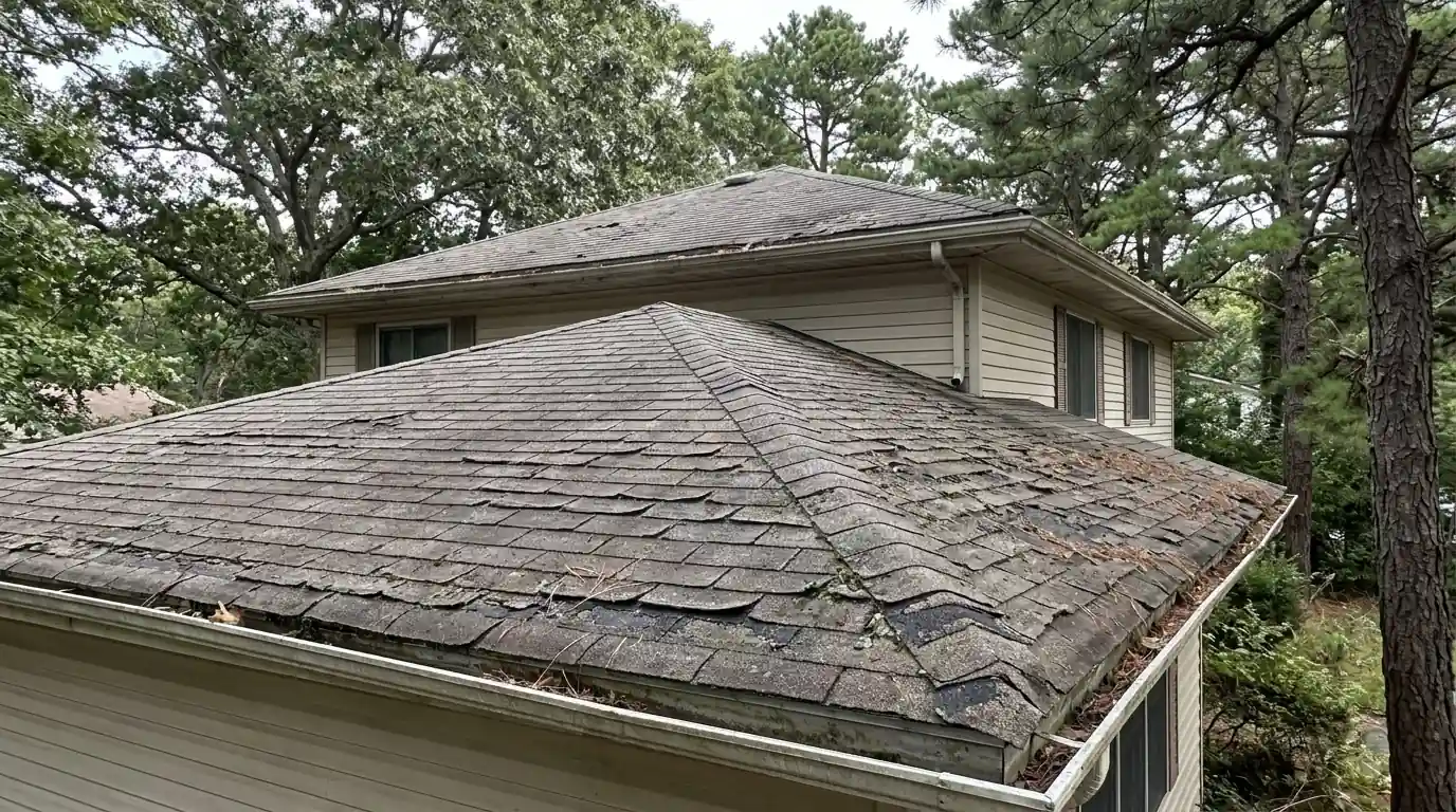 Worn curling shingles on an older split-level home roof
