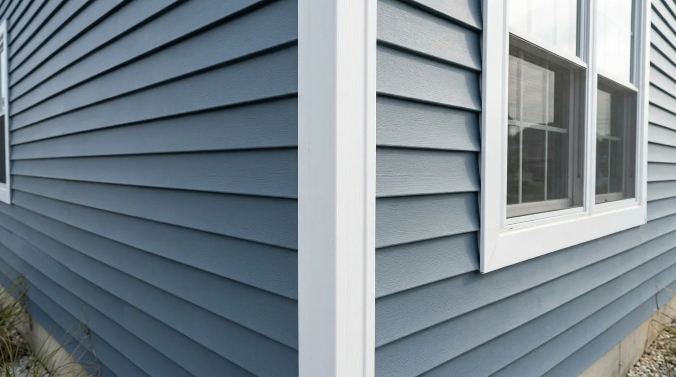 White capped window trim and PVC corner board on blue siding