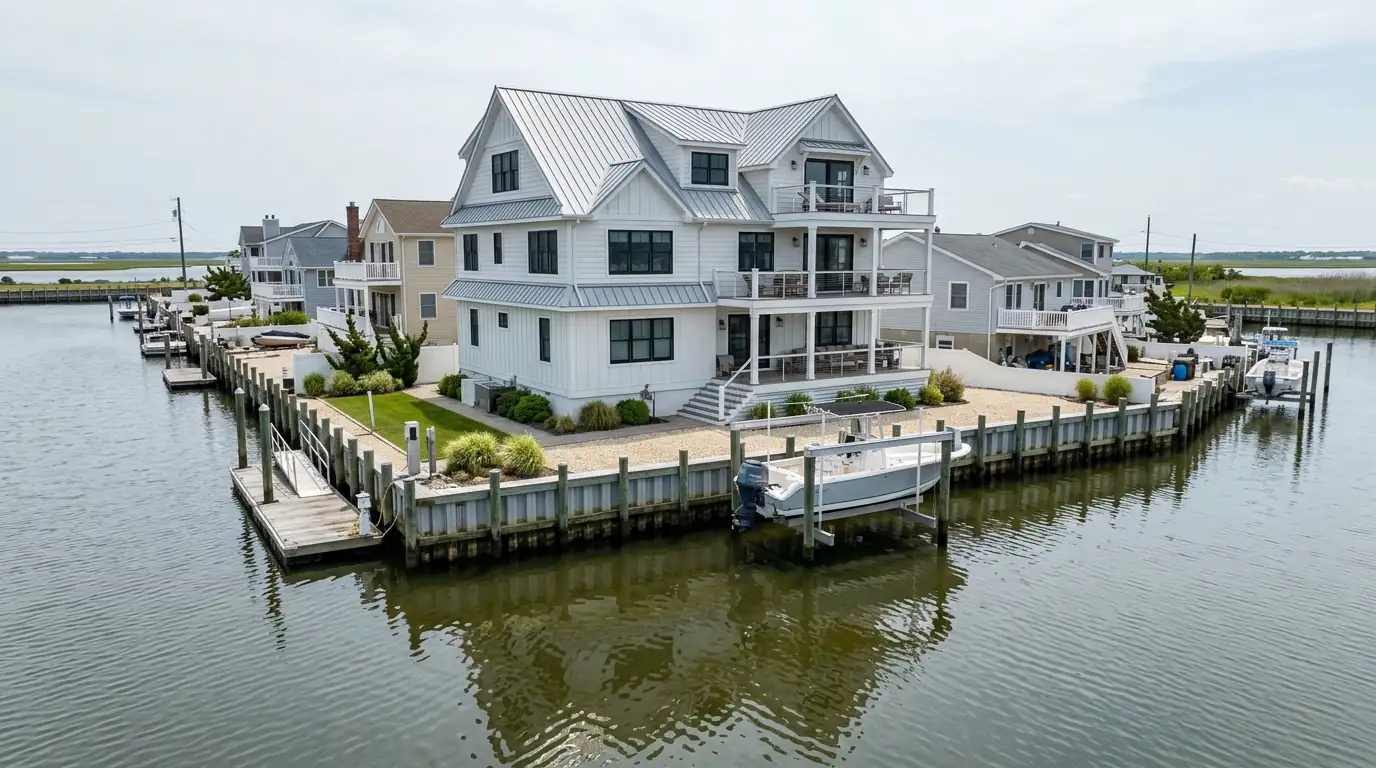 Lagoon home with metal roof and fiber cement siding in Shelter Cove