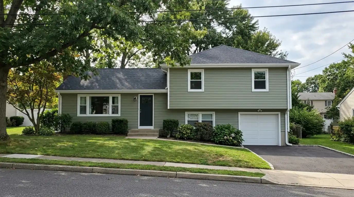 Split-level home with new green vinyl siding in Ocean Township, NJ