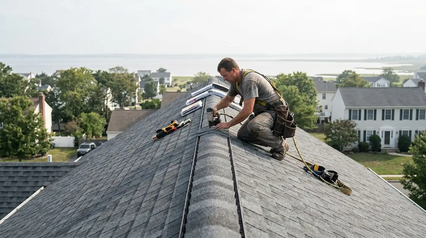 Ridge vent being installed along a colonial roof peak