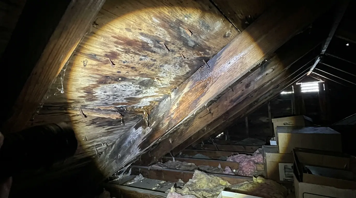 Water stains on attic sheathing traced back toward a roof leak