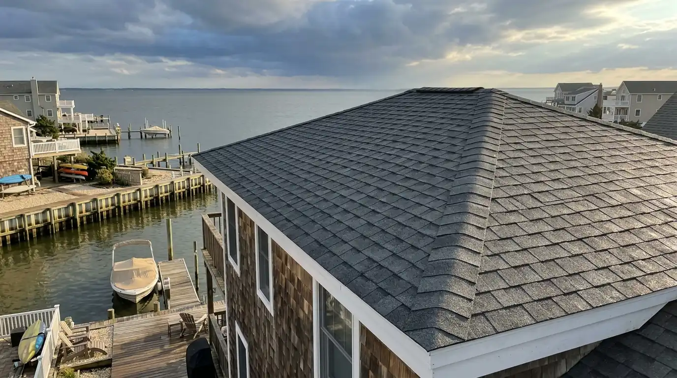 Repaired ridge cap on a bay-side Normandy Beach home after a storm