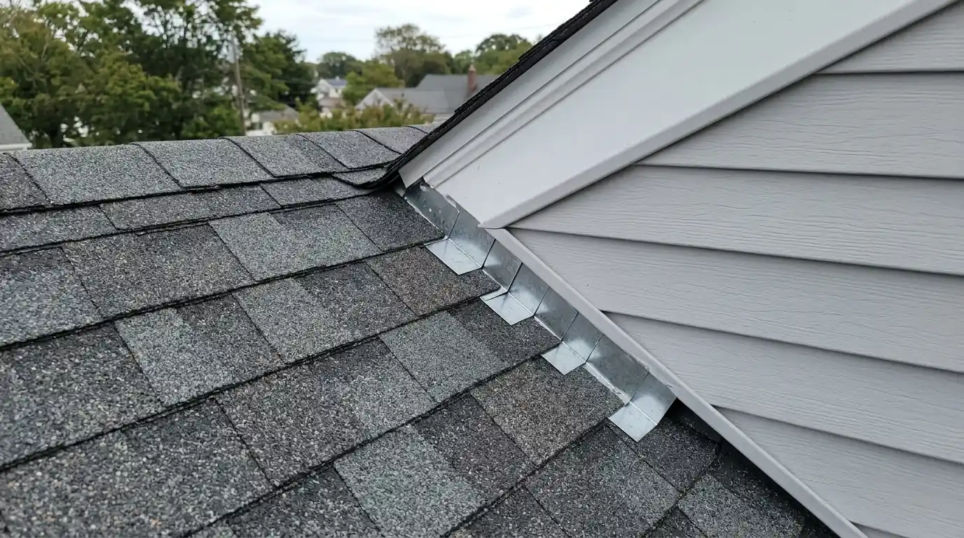Healthy architectural shingles and step flashing beside a dormer