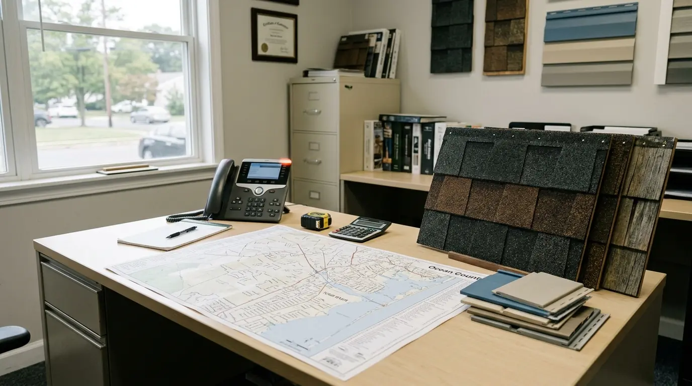 Roofing office desk with phone, map and sample boards