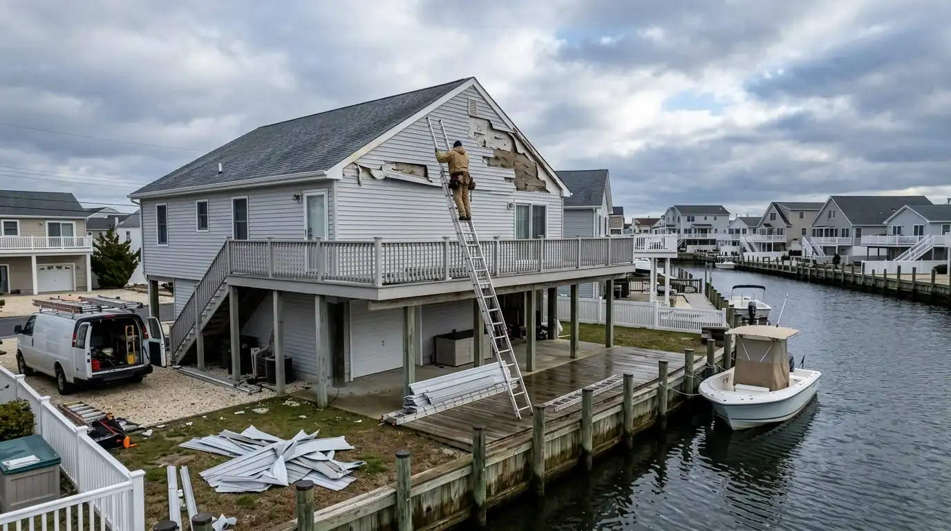 Roofer replacing storm-torn siding on a raised lagoon home in Brick